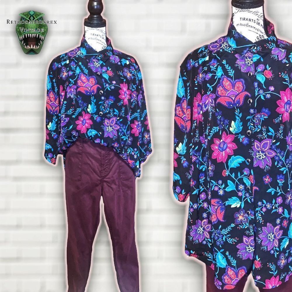 Vintage 1980’s Colorful Twee Oversized Floral Button Up Shirt Blouse, Plus Size